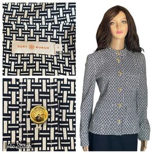 Tory Burch Cameron Crosshatch-print Jacket IvoryNavy with a Mandarin Collar SZ 2